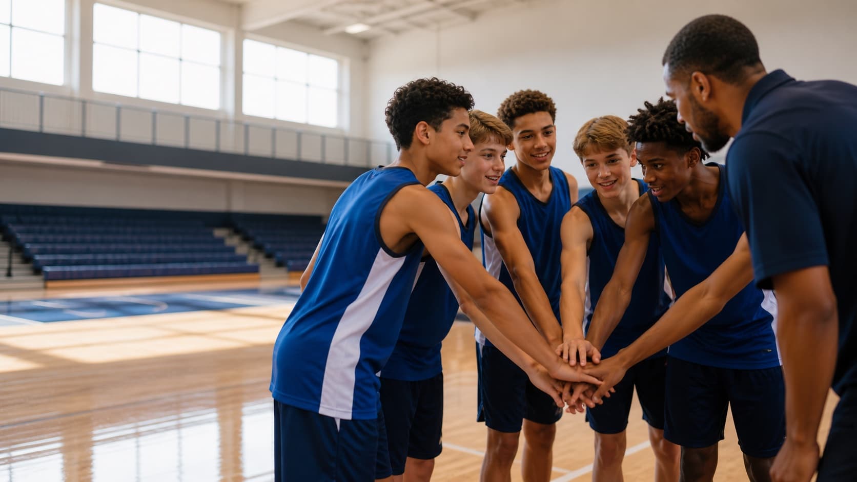 Youth basketball players bringing their hands together in a team huddle
